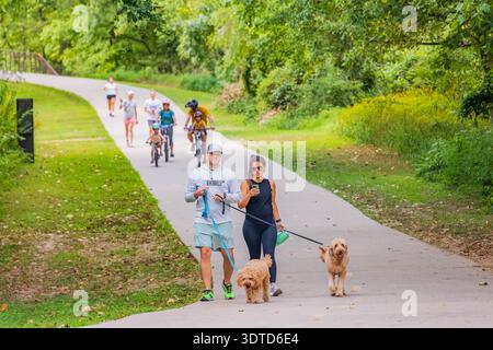 Arkansas, 10 agosto 2024 - Un uomo e una donna passeggiano lungo un tortuoso sentiero lastricato in un vivace parco verde Foto Stock