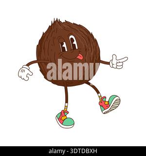 Cartoni animati funky noce di cocco con faccia divertente Illustrazione Vettoriale