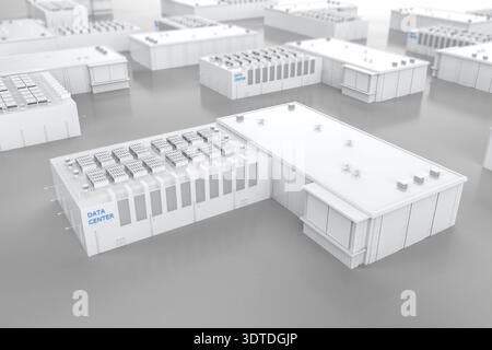 rendering 3d dell'edificio isometrico del data center all'esterno del parco industriale Foto Stock
