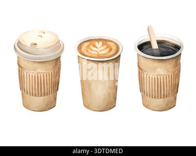 Caffè all'acquerello da asporto con tè, americano e cappuccino. Crea tazze su sfondo bianco in beige. Illustrazione disegnata a mano delle bevande. Foto Stock