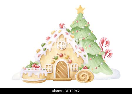 Dolce illustrazione ad acquerello natalizio isolata su bianco. Casa di pan di zenzero con canne di caramelle e torte decorate con albero di Natale. Tradizionale Foto Stock