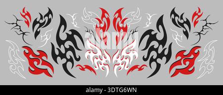 Tatuaggio neo tribale disegnato a mano. Farfalla gotica neotribica con ali di contorno, fiamma, cuore rosso o forme simmetriche divisori astratti. Elementi di design Cyber sigilism y2k. Adesivi per l'emografia celtica del corpo goth Illustrazione Vettoriale