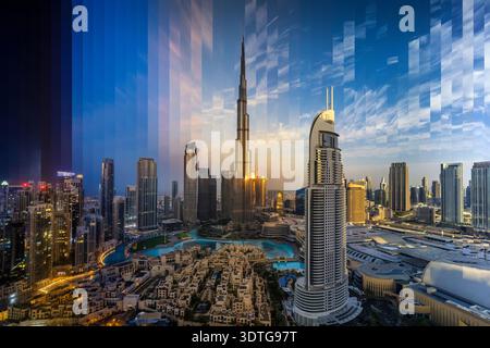 Vista temporizzata dell'alba da notte a giorno dello skyline del centro di Dubai, Emirati Arabi Uniti Foto Stock