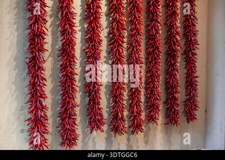 Peperoncini rossi secchi appesi in grappoli al mercato di Chongqing. Cucina Sichuan per la preparazione di piatti caldi tradizionali. Cibo cinese Foto Stock