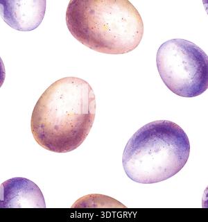 Motivo ad acquerello senza cuciture con uova di Pasqua rosa e viola su sfondo isolato. Illustrazione realistica con uova colorate con spruzzi di Foto Stock