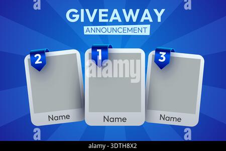 Modello di annuncio omaggio con tre carte premio numerate su sfondo blu. Illustrazione vettoriale. Illustrazione Vettoriale
