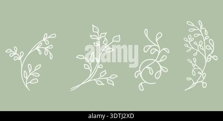 Ramoscelli di primavera con petali e foglie. Illustrazione vettoriale. Set di piante estive per telai e corone, disegnate a mano, isolate su sfondo verde. Somma Illustrazione Vettoriale