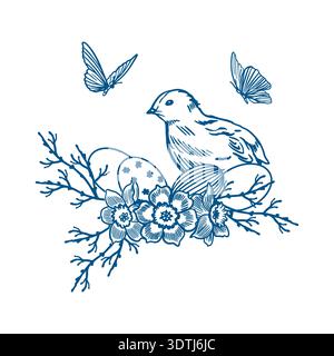 Pulcino pasquale con uova dipinte, un mazzo di fiori, rametti e farfalle volanti. Illustrazione vettoriale disegnata a mano in stile line art per biglietti d'auguri Illustrazione Vettoriale