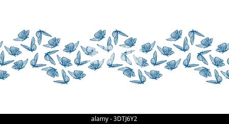 Le farfalle hanno un bordo orizzontale senza cuciture. Illustrazione monocromatica disegnata a mano in stile line art. Clip art vettoriale per avvolgere carta, tessuti e abstrac Illustrazione Vettoriale