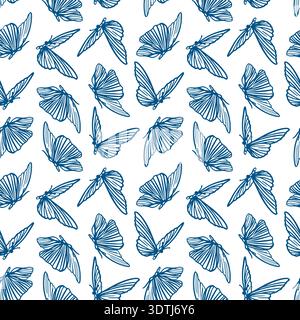Modello a farfalla senza cuciture. Illustrazione monocromatica disegnata a mano in stile line art. Clip art vettoriale per avvolgere carta, tessuti e sfondo astratto Illustrazione Vettoriale