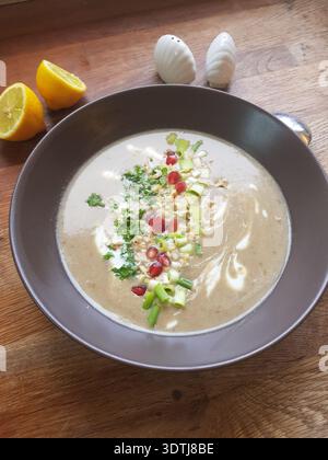 Zuppa di lenticchie verde guarnita con prezzemolo, cipollotti, semi di melograno e condita con yogurt Foto Stock