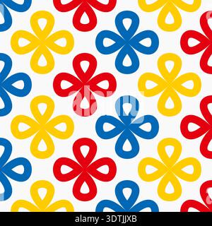 Vivace motivo senza cuciture di forme floreali su uno sfondo bianco pulito. Design divertente con elementi colorati. Perfetto per la moda, i tessuti e l'arredamento Illustrazione Vettoriale