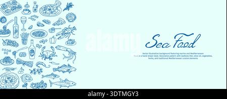 Piatti mediterranei disegnati a mano ispirati alla cucina italiana e spagnola, disegnando modelli per carta da parati, cartolina, copertina, modello. Le illustrazioni di Ocean Amalfi sono in linea con l'arte e lo stile vintage a doodle Illustrazione Vettoriale