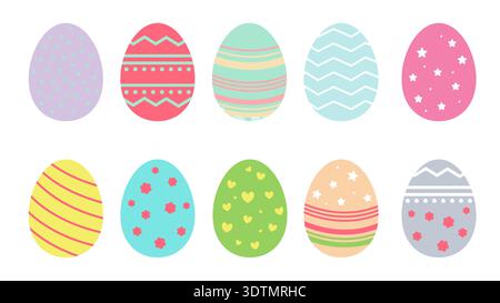 Un set di uova di Pasqua decorative con stelle, cuori e strisce in entrambi i colori pastello Illustrazione Vettoriale