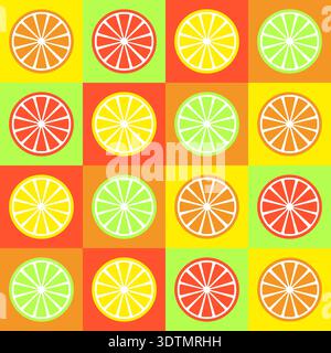 Vivace motivo pop art con fette di limone, lime, arancio e pompelmo in audaci blocchi di colore neon Illustrazione Vettoriale