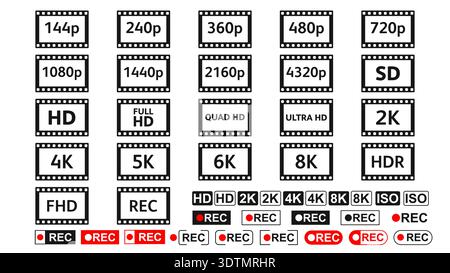Raccolta di icone di risoluzione del display e registrazione, incluse etichette HD, 4K, 8K, HDR, REC in stile cornice cinematografica, isolate su sfondo bianco Illustrazione Vettoriale