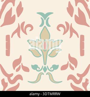 Elegante motivo senza cuciture con motivi floreali etnici disegnati a mano in rosa pastello e color verde acqua su crema Illustrazione Vettoriale