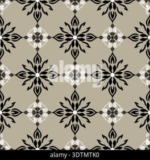 Eleganti motivi damascati floreali in bianco e nero con motivo a ripetizione senza cuciture, stile vintage per carta da parati e tessuti Illustrazione Vettoriale