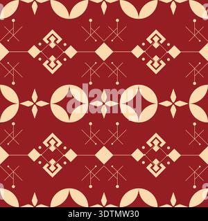 Pattern minimalista senza cuciture con icone geometriche, cerchi e simboli lineari su sfondo rosso scuro Illustrazione Vettoriale