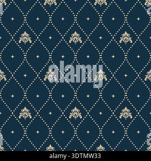 Elegante motivo senza cuciture con motivi floreali damascati dorati e griglia con diamanti punteggiati su sfondo blu navy scuro Illustrazione Vettoriale