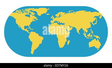 Un'illustrazione minimalista dal design piatto della mappa del mondo con continenti gialli su uno sfondo blu arrotondato. Illustrazione Vettoriale