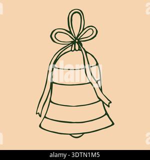 Uno stravagante ornamento natalizio verde a forma di campana in stile doodle, su un morbido sfondo crema. Illustrazione Vettoriale