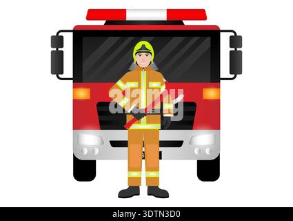 Vigile del fuoco in piedi vicino al camion dei vigili del fuoco. Illustrazione vettoriale. Illustrazione Vettoriale