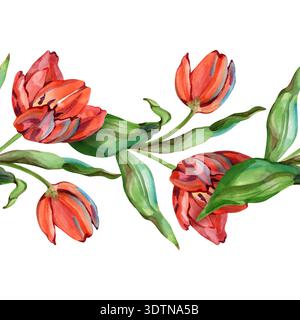 Acquerello dipinto a mano bordo senza cuciture di tulipani rossi e foglie verdi. Questo elegante ornamento floreale orizzontale è perfetto per le nozze primaverili Foto Stock