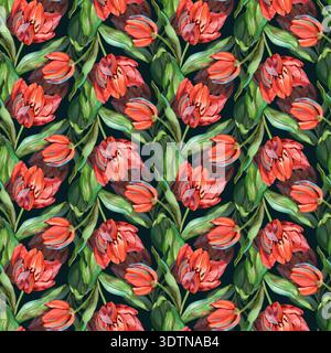 Motivo senza cuciture ad acquerello dipinto a mano con file di tulipani rossi e foglie verdi. Questo elegante design botanico con texture morbide è ideale per Foto Stock