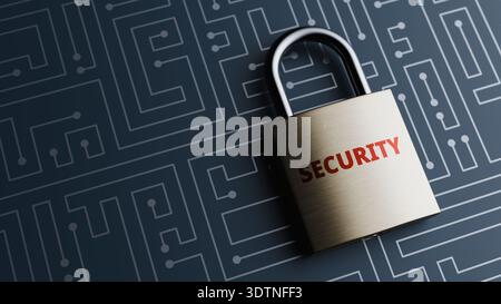 Spazio di testo per il concetto della scheda a circuito stampato con lucchetto di sicurezza informatica. rendering 3d. Foto Stock