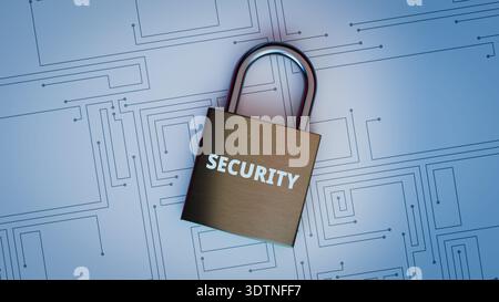Schema del circuito del lucchetto di sicurezza dei dati tecnologici. rendering 3d. Foto Stock