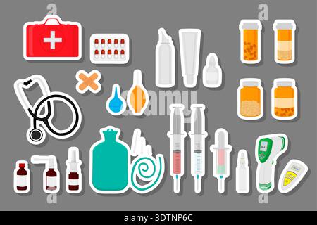 Illustrazione sul tema grande set colorato diversi tipi di sciroppo in flaconcino, stetoscopio per ospedale, stetoscopio costituito da sciroppo accessorio di raccolta Illustrazione Vettoriale