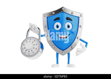 Concetto di protezione dei dati e sicurezza della privacy. Lucchetto a combinazione con il personaggio Friendly Shield su sfondo bianco brillante. Rendering 3d. Foto Stock