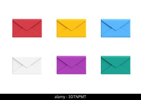 Icone colorate delle buste e-mail con colori vivaci, isolate su bianco, che rappresentano comunicazioni digitali, posta e notifiche Foto Stock
