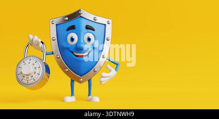 Concetto di protezione dei dati e sicurezza della privacy. Lucchetto a combinazione con il personaggio Friendly Shield su sfondo giallo brillante. Rendering 3d. Foto Stock
