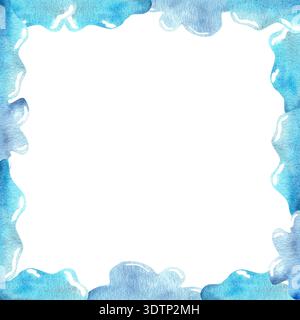 Cornice astratta ad acquerello con sfumature blu e bordi simili a nuvole che formano un bordo decorativo su uno sfondo bianco per progetti creativi Foto Stock