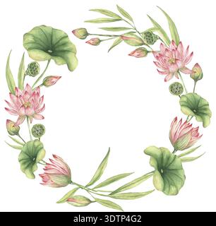 Disposizione floreale acquerello con telaio in fiore di loto, foglie, cialde e gemme, illustrazione della corona dipinta a mano Foto Stock