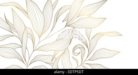 Fantasia botanica di lusso, eleganti foglie color oro, elementi floreali su sfondo bianco. Illustrazione vettoriale moderna ornamento giapponese e cinese Illustrazione Vettoriale