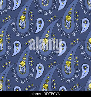Elaborato motivo Paisley senza cuciture disegnato a mano su sfondo blu Illustrazione Vettoriale