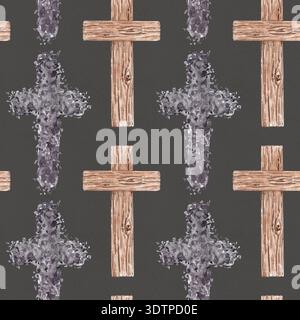 Croci in legno con motivo ad acquerello senza cuciture e croci di frassino al buio. Arte religiosa dipinta a mano, ideale per i disegni di Quaresima, la cancelleria della chiesa, l'avvolgimento Foto Stock