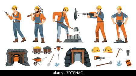 Minatori ed elementi. I lavoratori delle miniere di cartoni animati hanno indossato tute e elmetti con lanterne, carbone e oro in carri, grotta, rottura della roccia, tunnel Illustrazione Vettoriale