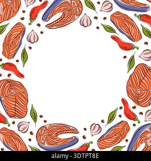 Cornice di pesce con bistecca di salmone, peperoncino, aglio ed erbe aromatiche in stile piatto. Bordo culinario su sfondo bianco per menu, ricette e design gastronomico. Illustrazione Vettoriale