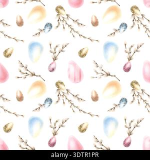 Rami di salice acquerello con uova di Pasqua colorate motivo senza cuciture. Simbolo tradizionale di festa religiosa luminosa in colori pastello. Disegnato a mano Foto Stock