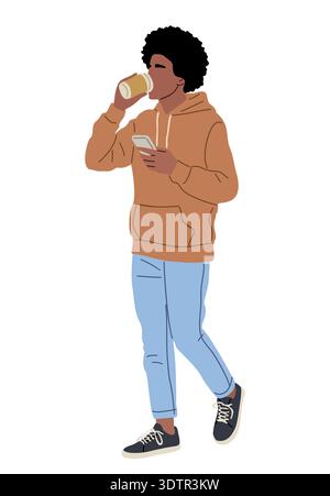 Uomo afroamericano che cammina e usa il telefono Illustrazione Vettoriale