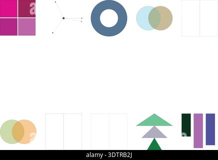 Forme geometriche astratte, cerchi, quadrati, triangoli, barre, e diagrammi per infografiche e visualizzazione dei dati in bianco. Illustrazione Vettoriale