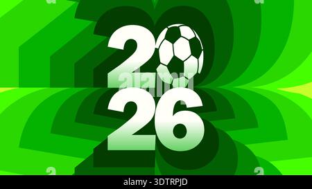 Dinamico sfondo del campionato di calcio 2026 in tonalità verde e giallo vivaci. Tipografia moderna con icona della pallina da calcio per il Messico host c Illustrazione Vettoriale