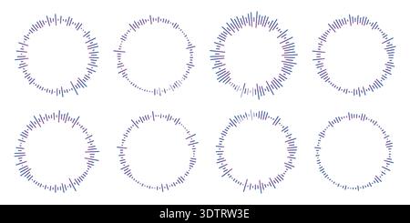 Icone dell'equalizzatore audio con linee e punti, cornici di onde sonore circolari al neon gradiente, icone di musica radiale astratta. Simbolo del battito audio Illustrazione Vettoriale