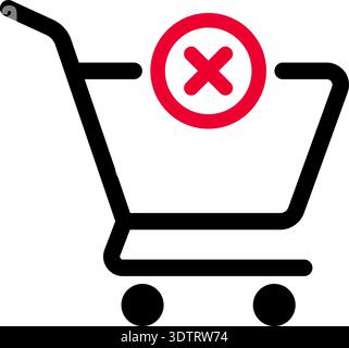 Icona vettoriale di un carrello per supermercati con una X posizionata sopra per indicare l'annullamento di un'azione di acquisto o la rimozione di un articolo. Illustrazione Vettoriale