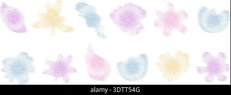 Fiori e foglie sgranate e sfumate. Delicati motivi floreali con soffice sfocatura dissolta con colori pastello. Icone del rumore organico della sabbia per y2k Illustrazione Vettoriale