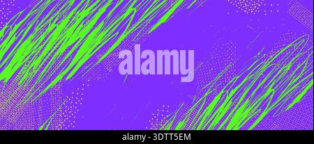 Sfondo dinamico con colori al neon sportivi con tratti di pennello astratti. Texture grunge a mezzitoni realizzata a mano. Effetti di spruzzi d'inchiostro dal design energico, spo vivace Illustrazione Vettoriale